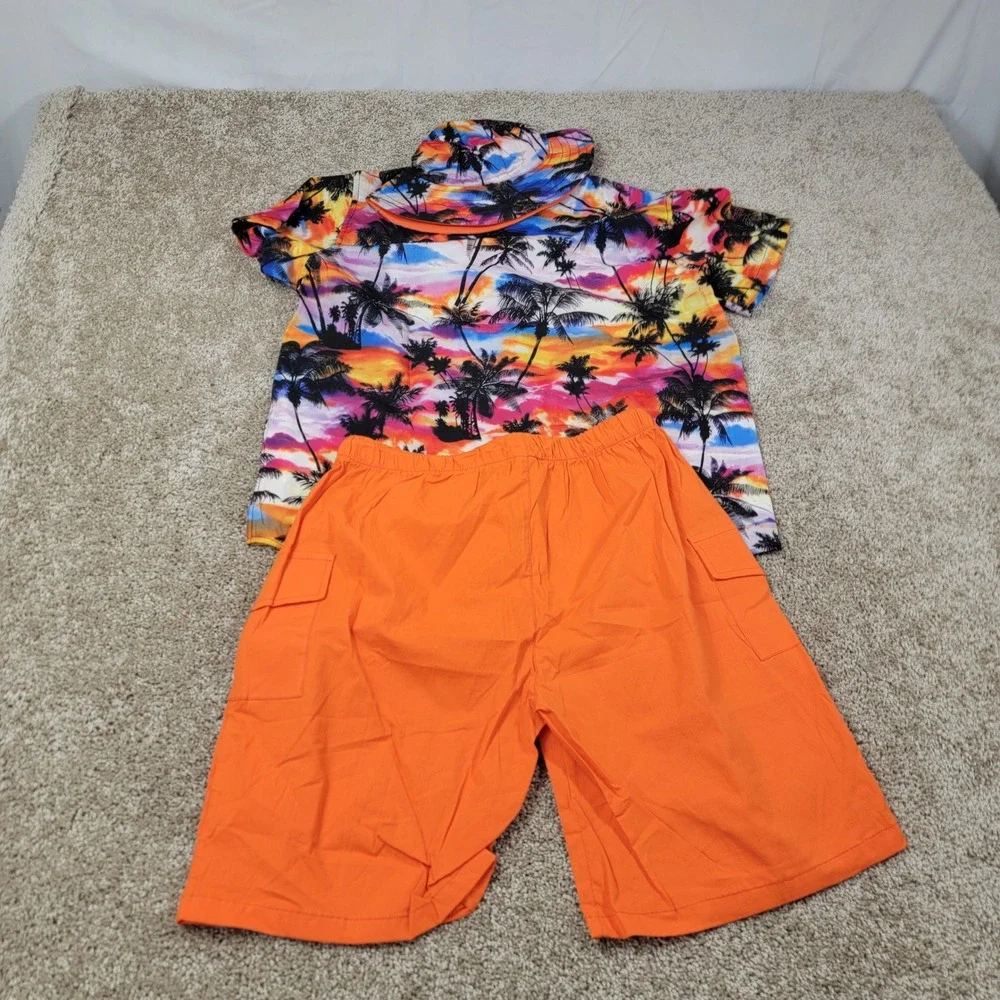 MOHEZ Tropical Outfit Set Palm Tree Print‎ Shirt Orange Shorts Youth 13-14 NWT